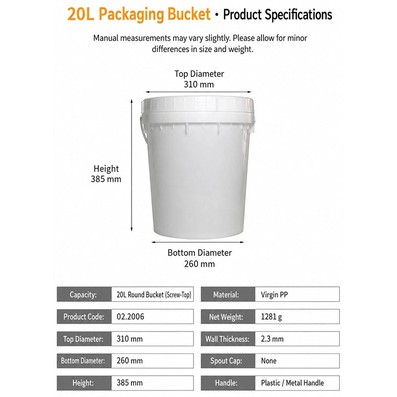 20L 螺纹旋盖塑料包装桶（食品级PP材质+集成塑料提手）｜食品原料、干散货与仓储周转桶