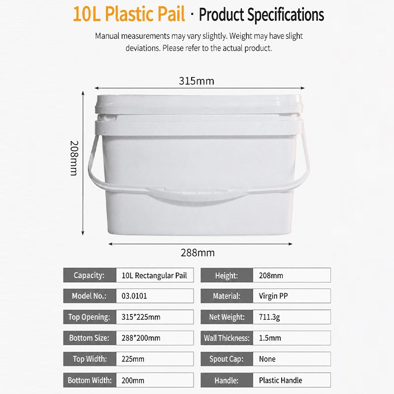 10L 矩形塑料包装桶（密封卡扣盖+塑料提手）｜大口径高空间利用率商业工业散装包装
